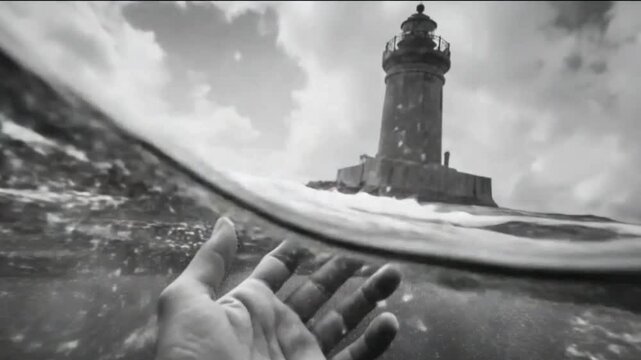 Male hand stretches from under the water to sunrays. Arm asking for help and trying to reach to the sun. Point of view of man drowning in the sea or ocean and floating to the surface. Slow motion POV