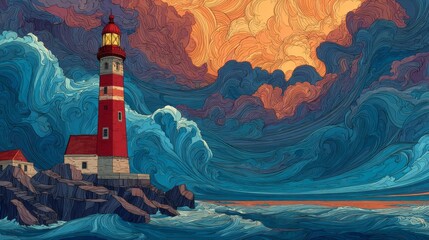 Red Lighthouse withstanding Powerful Ocean Waves during Dramatic Sunset