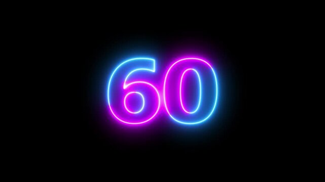 Neon text 60 number countdown icon background 4k animation .Neon number 60 with alpha channel, neon numbers, Bright neon glowing number 60 Energy Neon red Number 52 Animation.