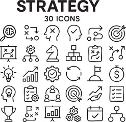 A set of 30 strategy icons displayed on a white background