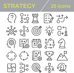 A set of 25 strategy icons displayed on a white background