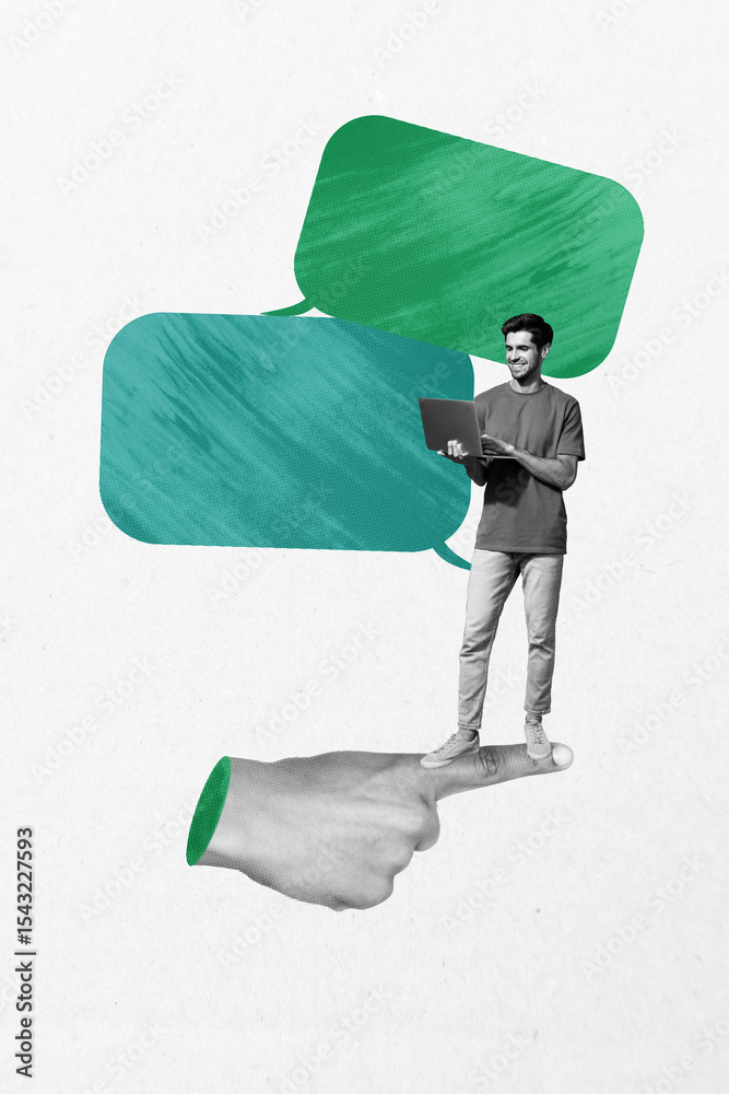 Poster art image vertical photo collage of happy man type laptop stand hand bubble cloud communication spee