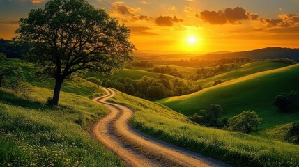 A winding dirt path leads through green rolling hills under a golden sunset sky with scattered clouds and a solitary tree on the left.