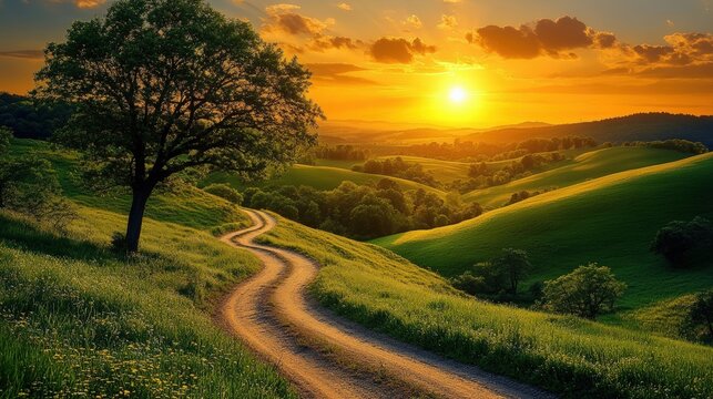A winding dirt path leads through green rolling hills under a golden sunset sky with scattered clouds and a solitary tree on the left. - Powered by Adobe