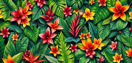 Fototapeta premium Vibrant collage of exotic jungle leaves & flowers, seamless pattern , leaves, wild