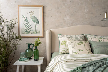Serene Bedroom Design Beige Upholstered Bed, Green Accents, and Botanical Artwork