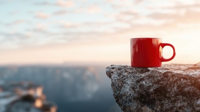 A red mug sits on a rocky cliff overlooking breathtaking scenery, embodying relaxation and the simple pleasures of enjoying coffee amidst nature's beauty.