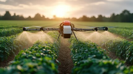 This image depicts an advanced agricultural drone spraying crops in a field during sunset, highlighting technology's role in modern farming and sustainability.
