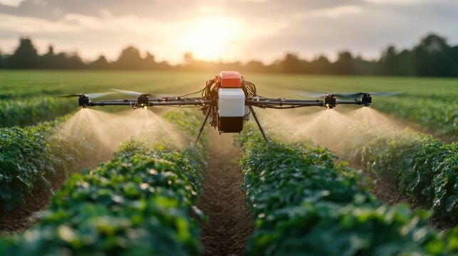 This image depicts an advanced agricultural drone spraying crops in a field during sunset, highlighting technology's role in modern farming and sustainability. - Powered by Adobe