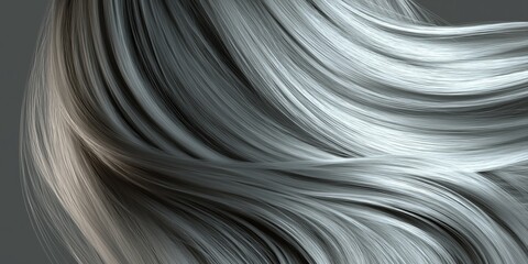 Full-frame of silver-gray hair with fine shine, lit with cool ambient light, flowing gently in one direction, minimal texture variation, almost metallic appearance.