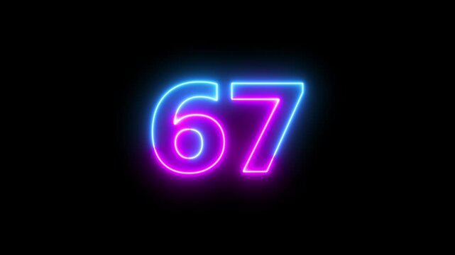 67 number neon text animation on black background. - Powered by Adobe