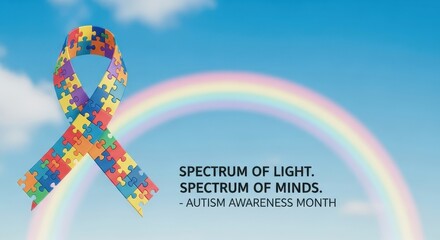 Autism Awareness with a Ribbon of Jigsaw Pieces Floating in The Blue Sky With Rainbow