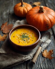 Warm pumpkin soup served in a rustic bowl, surrounded by autumn leaves and decorative pumpkins