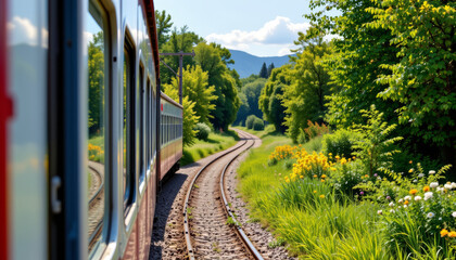 Naklejka premium Train window countryside green trees flowers sunny day mountain view