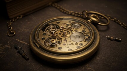Detailed photograph of a broken pocket watch, steampunk style, exposed intricate gears, vintage gold and patina, soft lighting