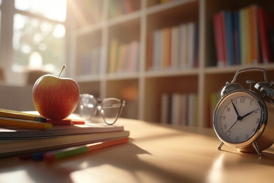 Stack of school books, red apple, pencils and classic alarm clock on desk in cozy library with warm morning sunlight. Concept of education, time management and back to school preparation. Banner