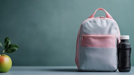 A trendy pink and gray backpack sits beside a black water bottle and a green apple, conveying a sense of preparation for school or outdoor adventures.