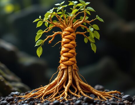 ginseng roots woven into spine structure, symbolic support and energy revival, glowing biological fantasy