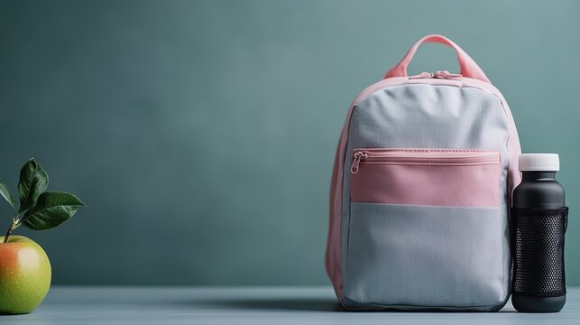 A trendy pink and gray backpack sits beside a black water bottle and a green apple, conveying a sense of preparation for school or outdoor adventures.