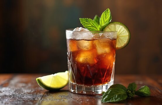 Cuba Libre cocktail with brown rum mint lime. Refreshing iced beverage in glass with ice cubes mint leaves and lime slice. Popular alcoholic drink at bar or party on wooden surface.