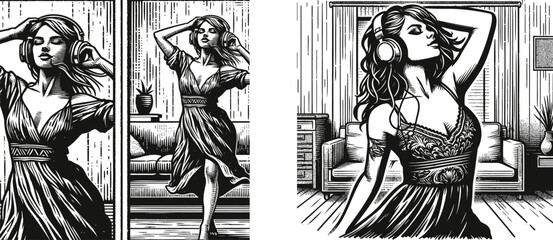 Woodcut Style Engraving of Woman Dancing with Headphones in Living Room – Vintage Grain Texture, Artistic Postal Stamp Aesthetic, Dynamic Retro-Inspired Illustration Set