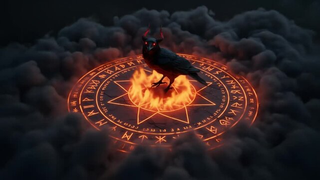 Crow Standing Inside Fire Circle With Ancient Symbols and Smoke
