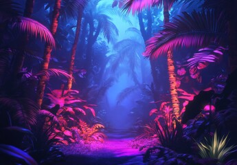 3D render of a psychedelic jungle with exotic plants and neon colors, vector illustration, 2D game art style, dark background, detailed, colorful, fantasy, flat design, blacklight, smoke 
