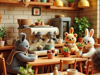 Hyper-realistic cat barista making coffee in a cozy café, while animal couples wait lovingly at tables.

