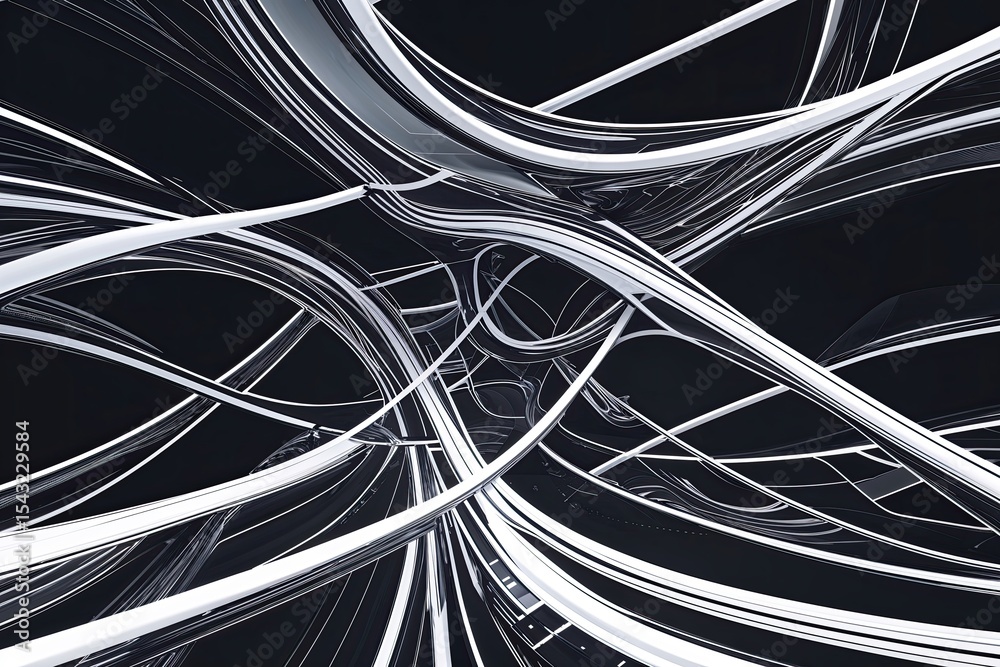 Poster creative digital overlay with complex intertwining patterns in bold black and white for innovative t