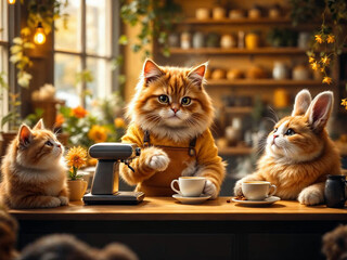 Hyper-realistic cat barista making coffee in a cozy café, while animal couples wait lovingly at tables.

