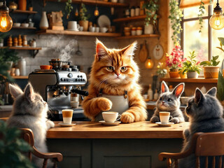 Hyper-realistic cat barista making coffee in a cozy café, while animal couples wait lovingly at tables.


