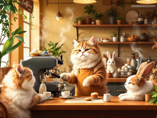 Hyper-realistic cat barista making coffee in a cozy café, while animal couples wait lovingly at tables.

