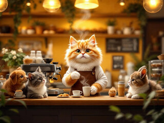 Hyper-realistic cat barista making coffee in a cozy café, while animal couples wait lovingly at tables.

