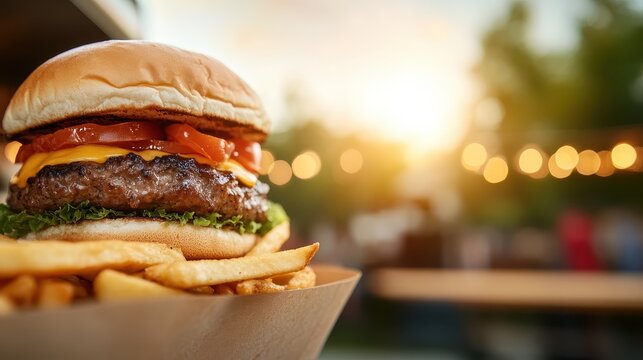 An appetizing cheeseburger with crisp lettuce, melted cheese, and fries captured during a warm sunset, bringing an inviting atmosphere perfect for food lovers and culinary delights.