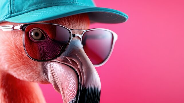 This playful flamingo sports sunglasses and a cap, set against a vibrant pink backdrop, combining quirky fashion with a whimsical approach to animal photography.