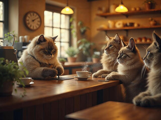 Hyper-realistic cat barista making coffee in a cozy café, while animal couples wait lovingly at tables.

