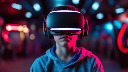 A young boy immersed in a virtual reality experience, wearing a VR headset in a vibrant arcade, showcasing the intersection of technology and entertainment.