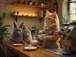 Hyper-realistic cat barista making coffee in a cozy café, while animal couples wait lovingly at tables.

