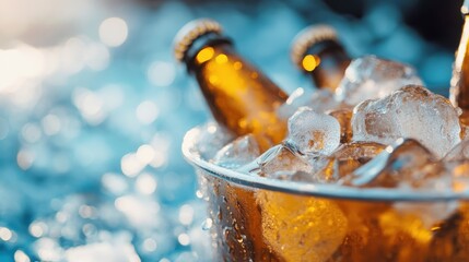 A close-up of several amber beer bottles nestled in ice, evoking a sense of refreshment and relaxation ideal for summer gatherings or festive celebrations.