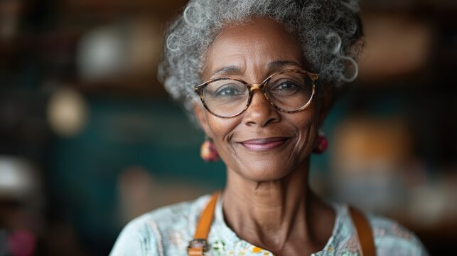 An elderly woman with glasses and a warm smile captures the essence of wisdom and experience, embodying the beauty of life's journey and the strength of character.