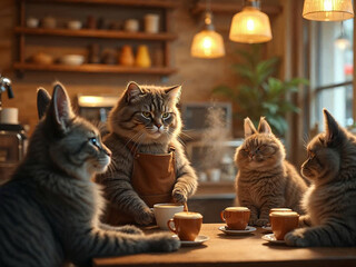 Hyper-realistic cat barista making coffee in a cozy café, while animal couples wait lovingly at tables.


