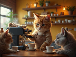 Hyper-realistic cat barista making coffee in a cozy café, while animal couples wait lovingly at tables.

