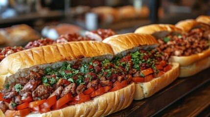 Three Meat and Tomato Sandwiches on Wooden Surface