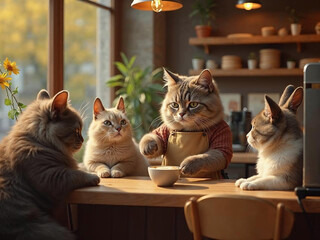 Hyper-realistic cat barista making coffee in a cozy café, while animal couples wait lovingly at tables.

