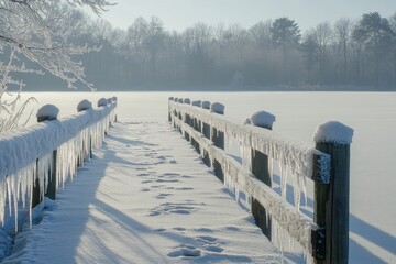 Winter scene of a snow-covered pier at frozen lake nature photography tranquil environment serene viewpoint gigapixel standard