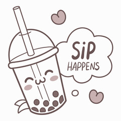 Cute cartoon boba tea cup sip happens illustration