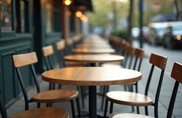 Empty outdoor cafe with tables chairs. Wooden tables, chairs on city street near restaurant bar. Summer vacation leisure concept. Street cafe with nobody. Cafeteria exterior design. Business