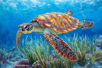 Obraz premium A colorful sea turtle swimming gracefully over the vibrant coral reefs of an underwater reef, with clear blue water and marine life in the background. The turtle's smooth skin glistens 