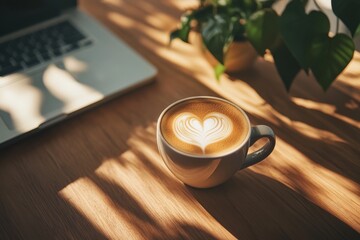 A cup of coffee with latte art in the shape of a heart on a wooden desk, with a plant and laptop in the background. Closeup shot, minimalist style, warm color tone, top-down 