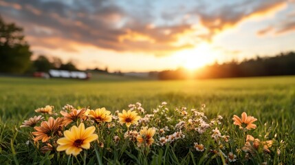 Fototapeta premium A vibrant display of blossoms flourishes in an open field during sunset, creating an enchanting scene filled with warmth, color, and natural beauty.